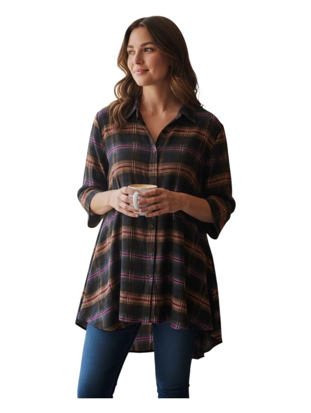 Smarteez Womens Colorful Check Plaid Print Button Up Silk Tunic Blouse 4